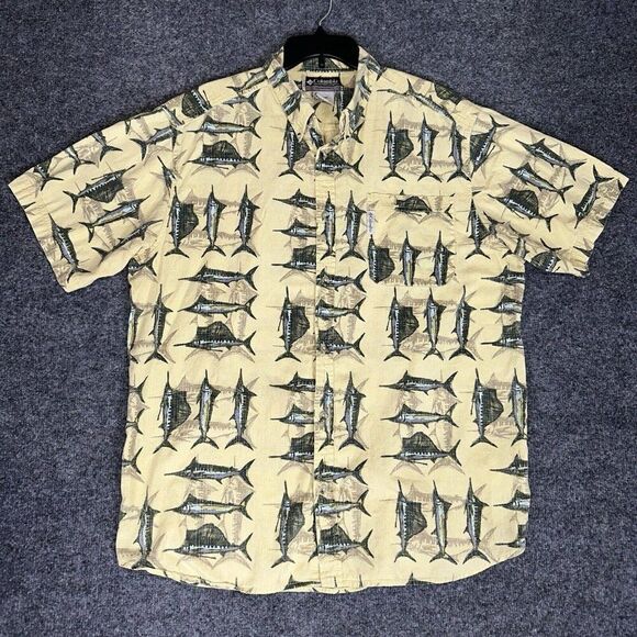 Columbia XCO Shirt Mens XL Beige Fish Short Sleeve Button‎ Down Pocket Cotton - Picture 1 of 8